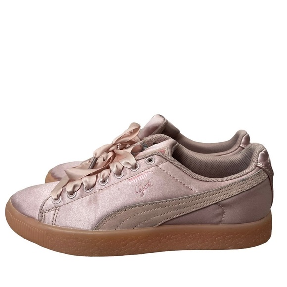 Puma Clyde Rose Pink Cameo Gold Satin Lace Up Sneakers 6 - Picture 2 of 6